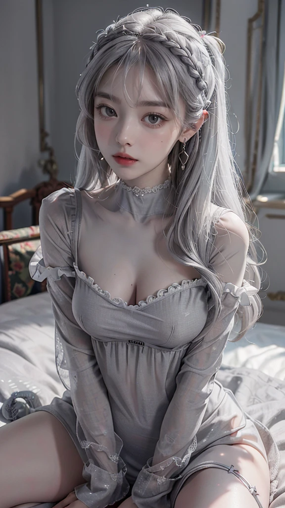 (Realistic painting style:0.9), masterpiece, best quality,  absurdres, looking at viewer, solo, (grey babydol:1.5),  bronya zaychik, red pupils, large breasts, long hair, grey hair, bangs, grey eyes, earrings, drill hair, hair between eyes, hair ornament, (babydoll:1.3), see-through, bed, expressionless