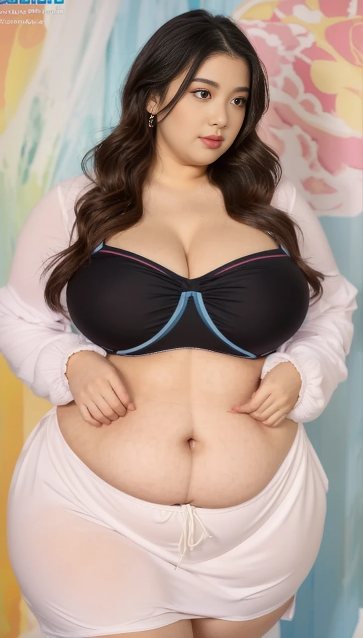 ((best quality)), ((masterpiece)), (detailed), perfect face, araffeTight skirtsShort , thicc, wavy short hair, she has a jiggly fat round belly, bbwchan, wearing tight simple clothes, skinny waist and thick hips, widest hips, her belly is fat and round, soft curvy shape, hyperrealistic full figure, wearing a cute top, wide hips, Blue swimsuit,On the beach by the seaBlue