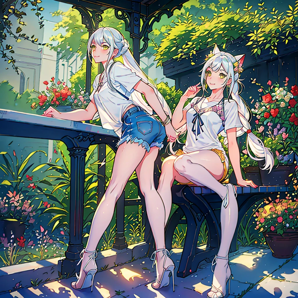 Girl with dog ears and tail, erect ears, honey yellow eyes, Highly detailed eyes, long hair and(((((( White)))))) with a small braid on the sides, denim shorts, translucent blouse, whole body, looking up, open mouth smile, big chest, beautiful body, detailed face y con amplia gama de gestos, sitting on a bench around a garden with flowers of various colors, detailed background, detailed face, Play of light and shadows, cinematographic, high quality, 8k, Masterpiece,