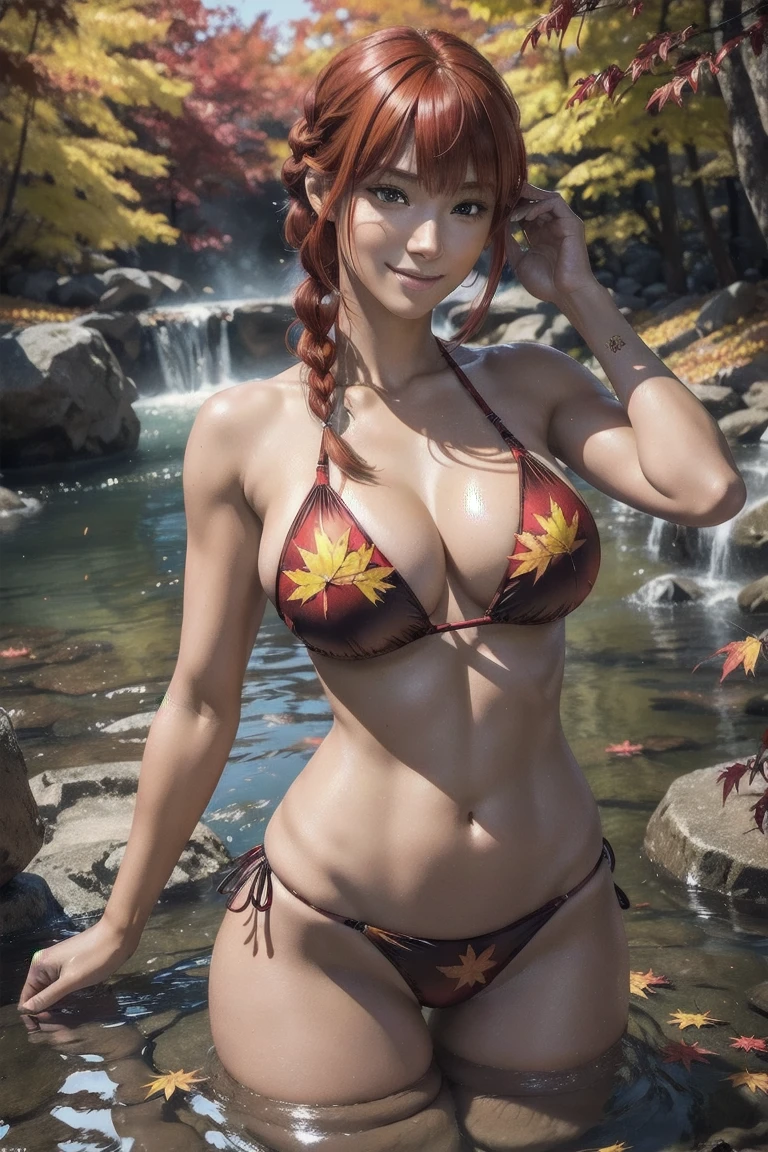 Makima,With bangs,Red Hair,Braids at the back,Yellow eyes,Ultra HD,super high quality,masterpiece,Digital SLR,Photorealistic,Detailed details,Vivid details,Depicted in detail,,A detailed face,Detailed details,Super Detail,Realistic skin texture,Anatomical basis,Perfect Anatomy,Anatomically correct hand,Anatomically correct fingers,Complex 3D rendering,Sexy posing,Beautiful autumn leaves,Beautiful hot springs with autumn leaves,smile,Beautiful autumn leavesな温泉,Red sexy swimsuit,Beautiful night view,