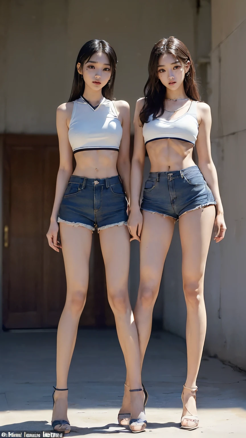(8K、Raw photo、最high quality、masterpiece:1.5),(((((((Both of them stand with their legs apart:1.9))))))),(((((Both of them have an inseam that is more than half their height.:1.8))))),((Both have bare legs:1.6)),((Both of them are super slim:1.4)),((((Two girls who look just like WONYOUNG from the k-pop group IVE were photographed:1.9)))),(((They both have super skinny legs:1.6))),(((Both are 173cm tall:1.4))),((Perfect k-pop IVE WONYOUNG style duo:1.3)),(((((Both of them take full body shots:1.8))))),((((Both of you should face your whole body straight ahead.:1.8)))),(((Photographed from below to show the whole body of the legs so that they look longer.:1.7))),Skin irregularities are reproduced in minute detail:1.4, (Super thin waist: 1.2),((超Thin thighs:1.2)), Thin buttocks,Open the navel,1Detailed reproduction of the navel,((Perfect super slim legs:1.3)),(((both of them are the same height:1.3))),(((Both of them have amazingly slim figures.:1.2))),(((Both are wearing micro shorts with a rise of 15cm and an inseam of 1cm.:1.8))),(Both are 16 years old:1.2),((((Both of them are extremely exposed.:1.7)))),(((((Both of them have super-strong abs:1.9))))),((Both of them were wearing short, form-fitting white sports bras.:1.4)),(((Big boobs but no bra:1.4))),(((Both of their nipples were clearly visible under their camisoles.:1.4))),((((Standing in a fashionable theme park on a sunny day:1.4)))),Highly detailed face and skin texture,(Both of you stand with your legs straight and without bending your knees.:1.3),(((They're both the same height:1.4))),((Both of them look just like WONYOUNG from the K-pop idol IVE.:1.8)), ((((Sunny afternoon:1.3)))),((cute:1.4)),Both are fair-skinned Asians,,Both of them have beautiful eyes,,Both of them have beautiful eyes,,Both of them have beautiful noses, which are realistically reproduced.,Both of them have realistic eyes.,Both have beautiful mouths,((They both have beautiful fingers)),nail,Both of them have beautiful faces.,Both of their beautiful faces are realistically reproduced.,cute,(Ultra-Realistic Details), Natural Shadows,(Very small hips:1.4),Large firm breasts, Super long thighs,(((超Thin thighs:1.2))),(((Super slim calves))),(Both of them have the slender bodies of well-trained track and field athletes.:1.5),(Super muscular body:1.5),Super toned waist,(Super thin waist:1.3),((White high heels:1.2)),lengthen limbs,(((((Shooting the whole body from calf height:1.6))))),(Both of them have slim, toned ankles.:1.2),((((Wide open abdomen:1.5)))),Hands on hips,Both of them face forward,((Both figures have detailed and clear reproduction of the crotch area.)),((Super long legs:1.3)),Thin thighs,((Both of them have bare legs.:1.5),((Both of them are showing off their legs in a very extreme way.:1.4),((Both of them are showing off their bellies in an extremely extreme way.:1.4),(Black hair ponytail),((Both of them stand up straight.)),((Keep your hips facing forward:1.5)),2人とも8頭身スタイルBeauty,The ankles are super thin,The arms are very thin and muscular,Make your arms thinner,(((Clearly reproduces the skin texture of the legs down to the finest detail))),Faithfully reproducing the fingers of the hand,(Both of them have super long legs.),(Accurate reproduction of each finger:1.3),(((Each toe is accurately reproduced:1.2))),The middle of the thighs are very thin,(((Clearly reproduces the muscle texture of ultra-muscular and ultra-thin calf skin))),(((超筋肉質な超Thin thighsの肌の筋肉質感を明確に再現する))),(Very tight waist:1.2),((Both of them have an inseam that is more than half their height.の美脚:1.6)),(Extremely thin thighs),Beauty,Fine skin,Firm skin,(((Both of them should fit from the top of their heads to the toes of their heels.:1.5))),(((They both have super skinny legsの肌を細部まで忠実に再現する))),(Both of them are super muscular and have super thin legs with realistic skin.:1.3),((Realistically reproduces the fine details of toned, slender leg skin:1.3)),((Dazzling Midsummer)),(((Both of them have super-strong quadriceps:1.6))),(((Both of them have extremely well-trained gastrocnemius and soleus muscles.:1.6))),((2人とも超細くてSuper long legs:1.2)),Front lighting,A little overexposed, Super detailed, High detail, high quality, Awards,High resolution,(Anatomically correct:1.5)