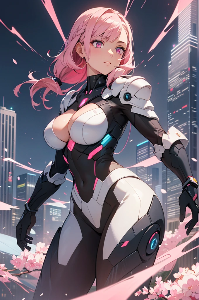 (impasto paintings:1.2),cowboy shot,realistic,best quality,masterpiece,realistic,Smooth,metallic armor that covers every inch of the alien's body,with glowing energy shields extending from the shoulders.,cute girl,dazzling Cherry blossom pink eyes,hanging breasts,Blue french braid hair,A futuristic city with sleek skyscrapers and flying cars,thick lines,anime style,