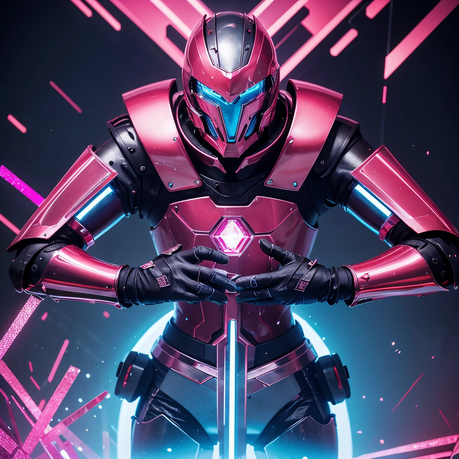 Neon glitch art crimson and silver knight in armor based on crystal lattice periodicity