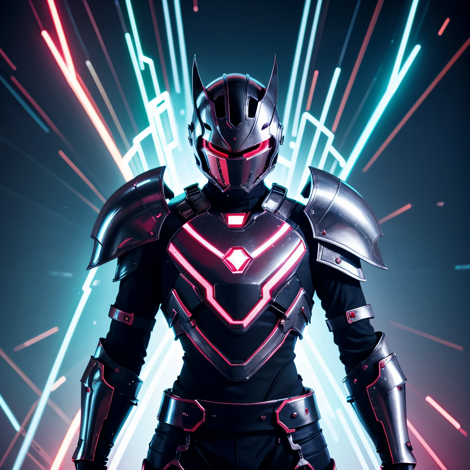 Neon glitch art crimson and silver knight in armor based on crystal lattice periodicity