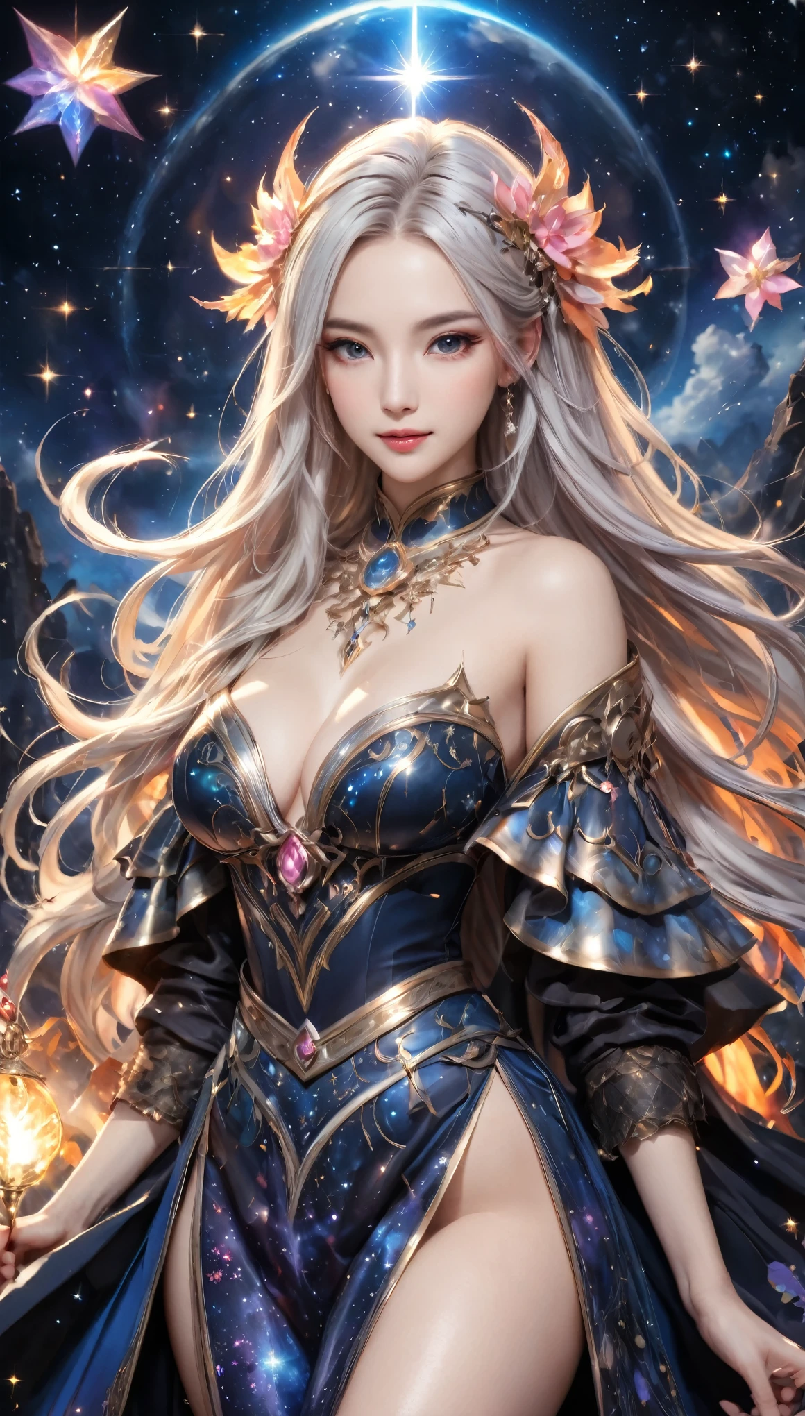 8K resolution, masterpiece, Highest quality, Award-winning works, unrealistic, From above, erotic, sole sexy lady, healthy shaped body, 22 years old, black mage, 165cm tall, huge firm bouncing busts,, white silver long wavy hair, Detailed facial depictions, Break, god秘的な青い瞳, Standard nose, Eyeliner, pink lips, sexy long legs, Clear skin, holy knight, Gothic ruffle long dress, A dress with a complex structure, Seven-colored colorful dress, Clothed in flames, royal coat of arms, elegant, Very detailed, Delicate depiction of hair, miniature painting, Digital Painting, artステーション, コンセプトart, Smooth, Sharp focus, shape, artジャム、Greg Rutkowski、Alphonse Mucha、William Adolphe Bouguereau、art：Stephanie Law , Royal Jewel, nature, Symmetric, Greg Rutkowski, Charlie Bowwater, Unreal, Surreal, Dynamic Lighting, ファンタジーart, Complex colors, Colorful magic circle, flash, dynamic sexy poses, A kind smile, Mysterious Background, Aura, A gentle gaze, BREAK, Small faint lights and flying fireflies, night, lanthanum, 山の頂From above下界を見下ろす, Starry Sky, milky way, nebula, shooting star, god々A sacred staff that emits a brilliant light, Back view, Looking back towards the camera