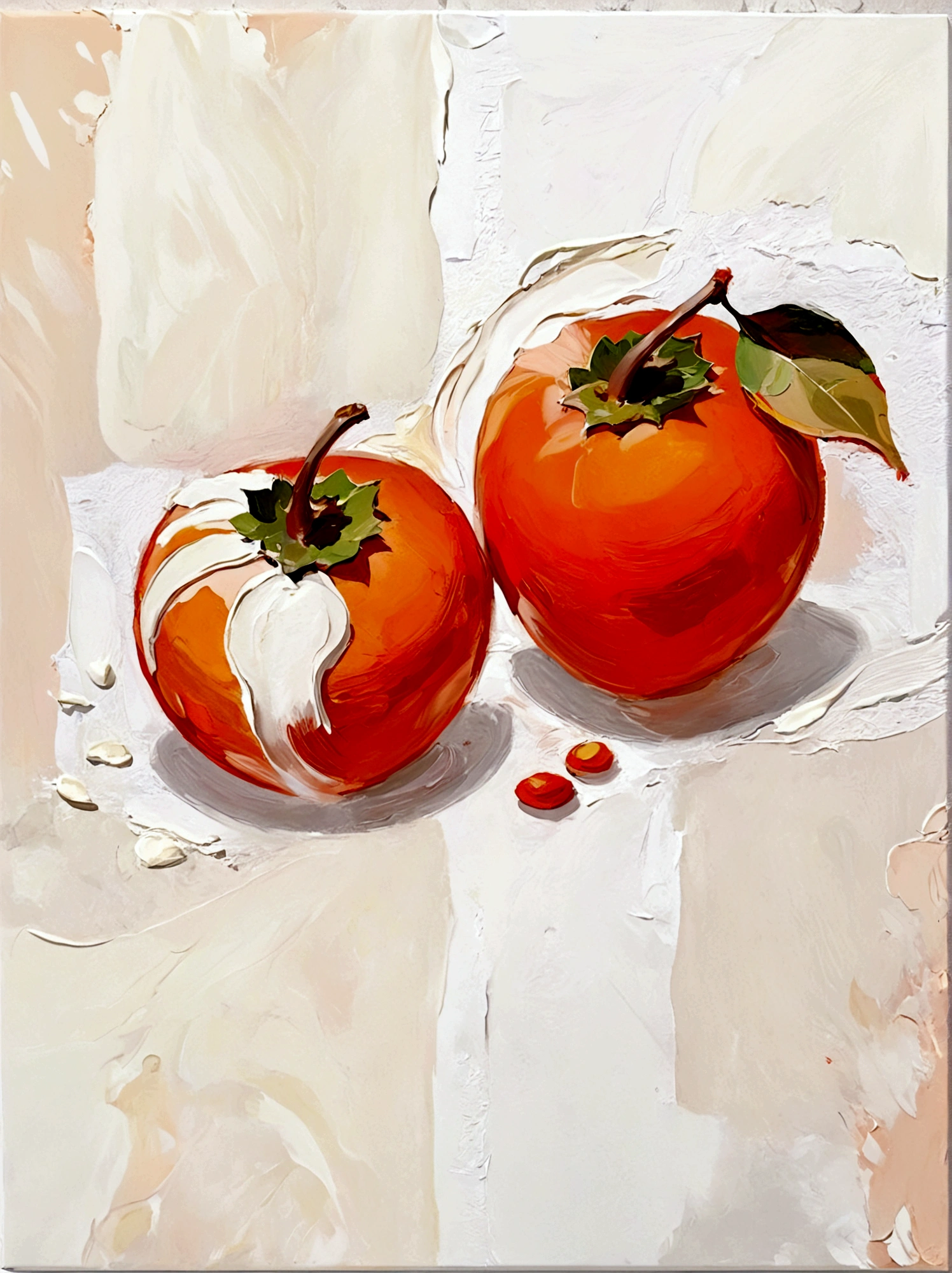 persimmon挂在树枝上,persimmon,leaf,vanilla,bright,White background,vanilla,cream,Abstract Art,emotion,emotion,Thick textured paint,