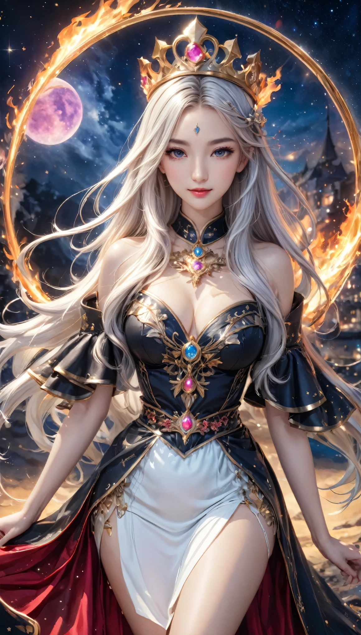 8K resolution, masterpiece, Highest quality, Award-winning works, unrealistic, From above, erotic, sole sexy lady, healthy shaped body, 22 years old, black mage, 165cm tall, huge firm bouncing busts,, white silver long wavy hair, Detailed facial depictions, Break, god秘的な青い瞳, Standard nose, Eyeliner, pink lips, sexy long legs, Clear skin, holy knight, Gothic ruffle long dress, A dress with a complex structure, Seven-colored colorful dress, Clothed in flames, royal coat of arms, elegant, Very detailed, Delicate depiction of hair, miniature painting, Digital Painting, artステーションコンセプトart, Smooth, Sharp focus, shape, artジャム、Greg Rutkowski、Alphonse Mucha、William Adolphe Bouguereau、art:Stephanie Law , Royal Jewel, nature, Symmetric, Greg Rutkowski, Charlie Bowwater, Unreal, Surreal, Dynamic Lighting, ファンタジーart, Complex colors, Colorful magic circle, flash, dynamic sexy poses, A kind smile, Mysterious Background, Aura, A gentle gaze, BREAK, Small faint lights and flying fireflies, night, lanthanum, 山の頂From above下界を見下ろす, Starry Sky, milky way, nebula, shooting star, god々A sacred staff that emits a brilliant light, Back view, Looking back towards the camera