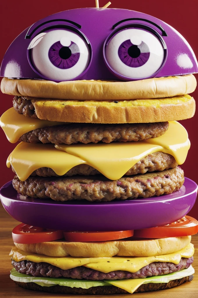 Create a purple monster with big friendly eyes with a big smile that eats a hamburger