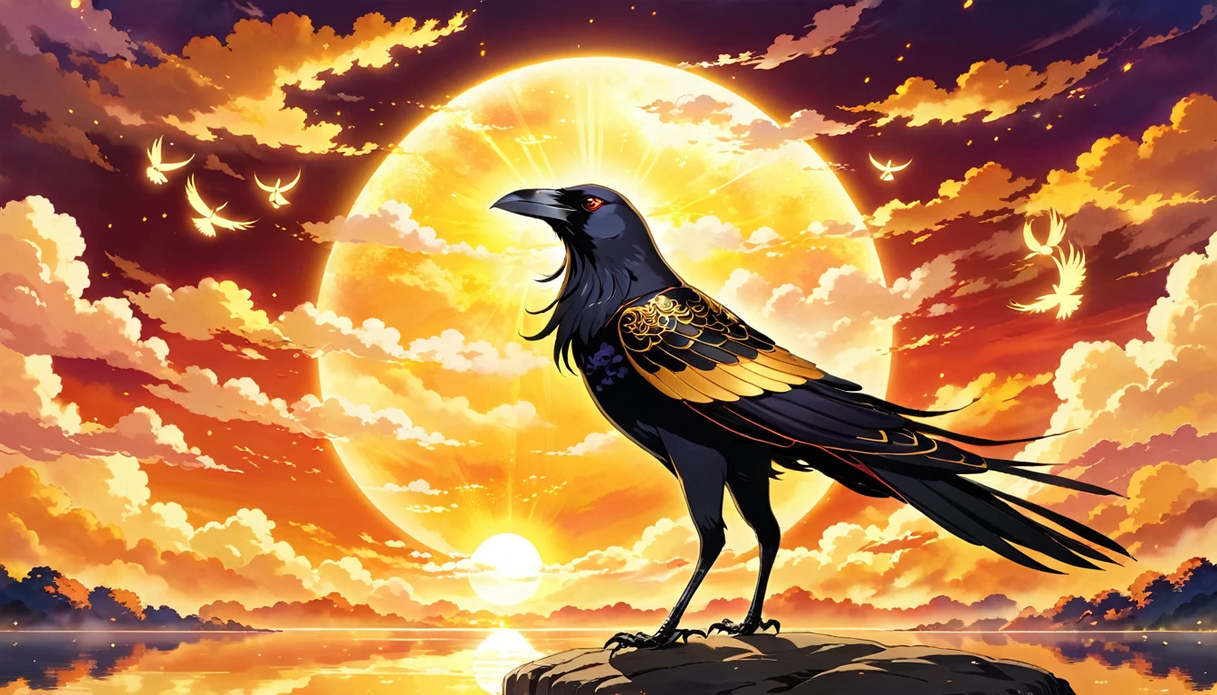 A full-body golden crow named Bird,with intricacies、sparkling golden feathers,Reflect sunlight,make it look radiant、Majesty。Bird apparently has three legs,Natural location。Sky mixed with warm orange、red and yellow,Symbolizes sunrise or sunset。The background includes faint、Ethereal glow around stylized clouds and crows,Emphasizing its mythical and sacred nature。The overall scene should be dynamic and energetic,Capture the essence of anime aesthetics。
