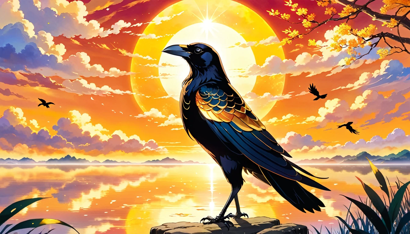 A full-body golden crow named Bird,with intricacies、sparkling golden feathers,Reflect sunlight,make it look radiant、Majesty。Bird apparently has three legs,Natural location。Sky mixed with warm orange、red and yellow,Symbolizes sunrise or sunset。The background includes faint、Ethereal glow around stylized clouds and crows,Emphasizing its mythical and sacred nature。The overall scene should be dynamic and energetic,Capture the essence of anime aesthetics。