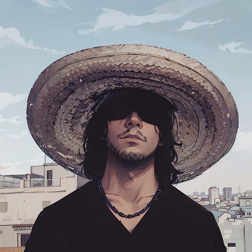 A man is standing outdoors under a clear blue sky with a few wispy clouds. He is wearing a large, woven straw sombrero that casts a shadow over his face, partially obscuring it. He has medium-length dark hair and is wearing dark sunglasses, giving him a mysterious and cool appearance. His expression is serious, with a slightly tilted head. He is dressed in a black shirt with a simple design and a black beaded necklace. The background shows a cityscape with several buildings, some with flat roofs and balconies, adding an urban feel to the scene. The lighting is natural daylight, highlighting the textures of the hat and the man's facial features while creating a contrast between the shadows and the bright sky. The overall style of the image is casual with a hint of ruggedness, and the color palette is dominated by neutral tones with accents of black and brown.