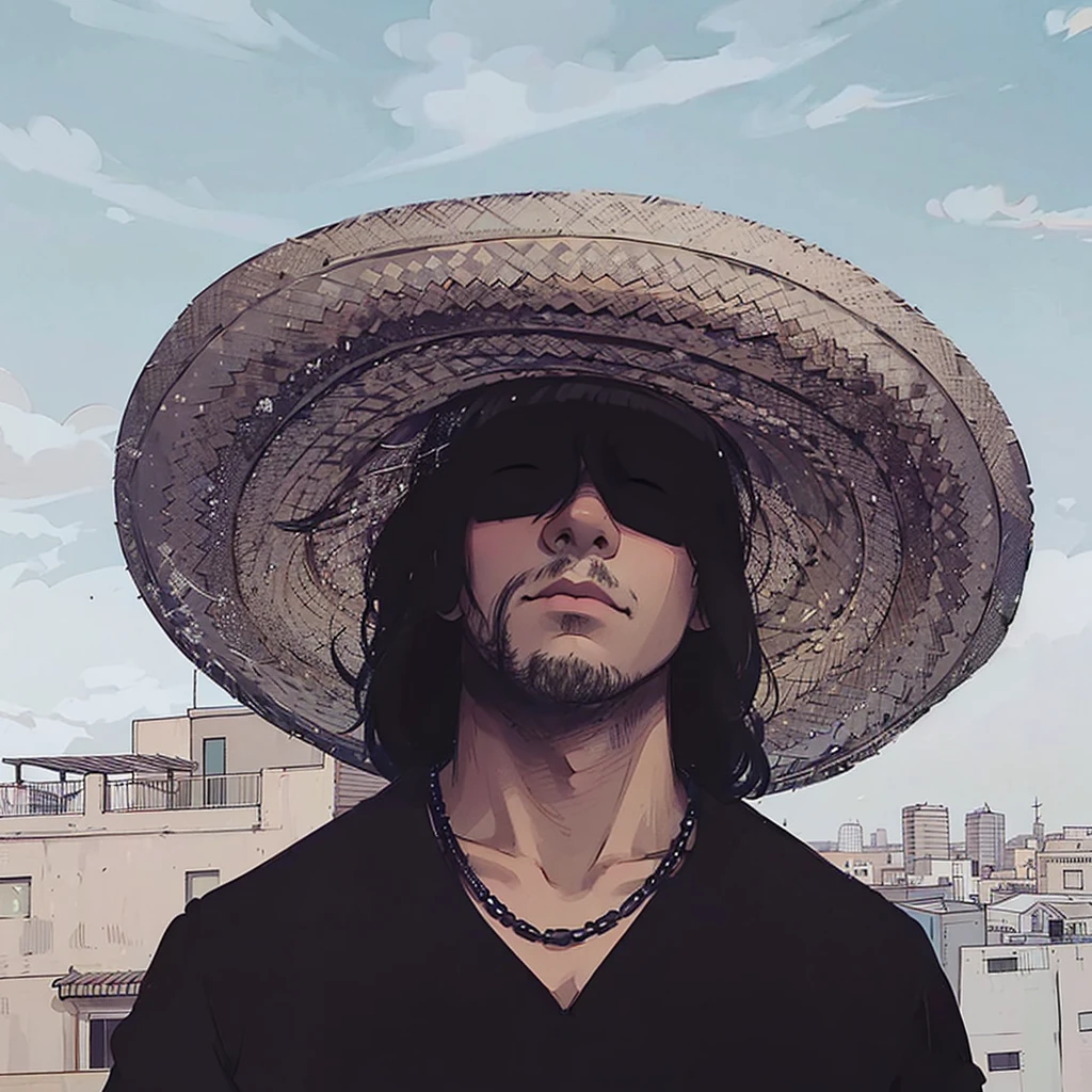 A man is standing outdoors under a clear blue sky with a few wispy clouds. He is wearing a large, woven straw sombrero that casts a shadow over his face, partially obscuring it. He has medium-length dark hair and is wearing dark sunglasses, giving him a mysterious and cool appearance. His expression is serious, with a slightly tilted head. He is dressed in a black shirt with a simple design and a black beaded necklace. The background shows a cityscape with several buildings, some with flat roofs and balconies, adding an urban feel to the scene. The lighting is natural daylight, highlighting the textures of the hat and the man's facial features while creating a contrast between the shadows and the bright sky. The overall style of the image is casual with a hint of ruggedness, and the color palette is dominated by neutral tones with accents of black and brown.