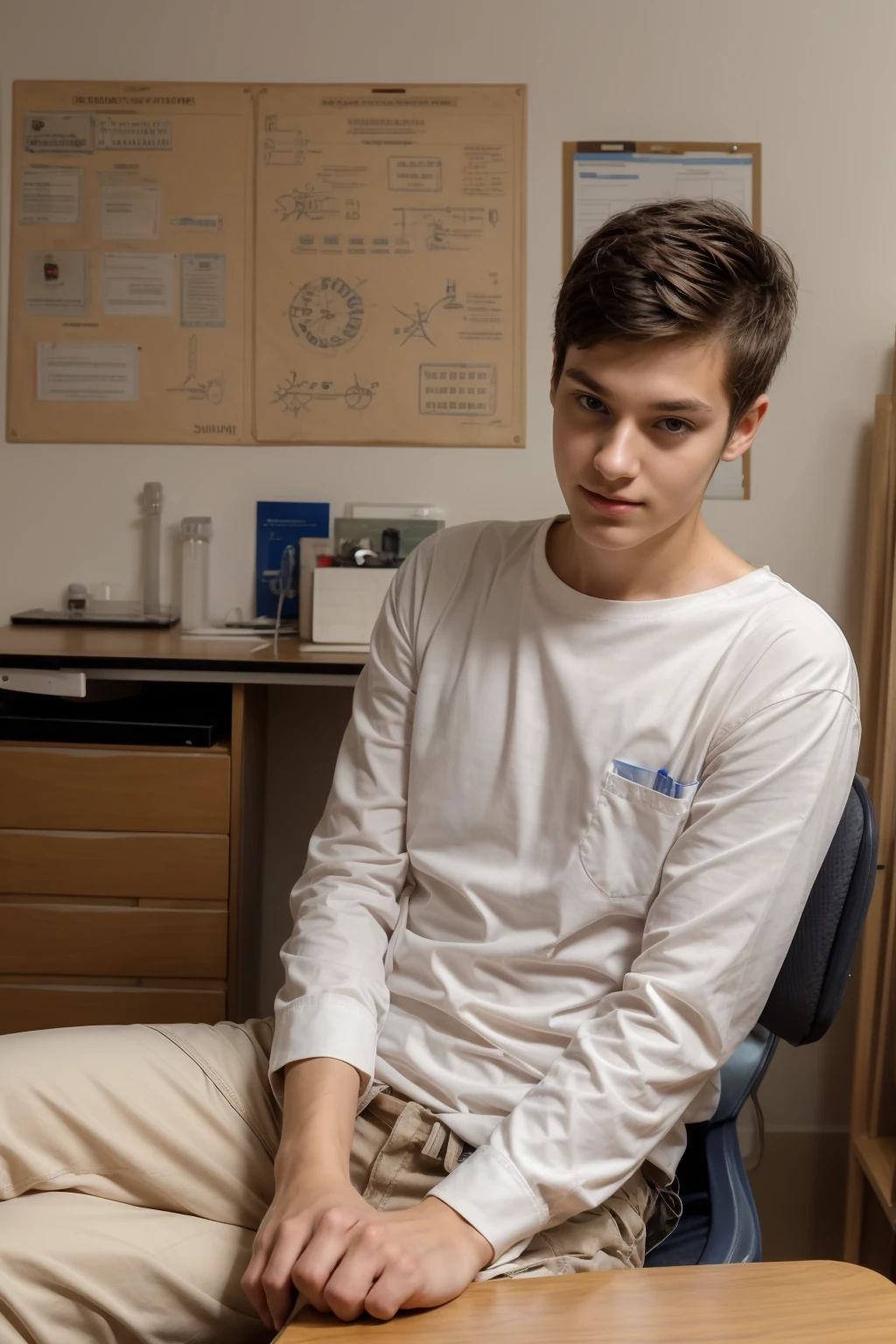 A beautiful young man, a cute male twink, with black hair, wearing a white long-sleeved shirt and jeans, and he is in his scientific medical office. He is sitting at a desk with medical tools on it, and behind him is a blackboard with a written neuron cell on it, and he looks proudly.