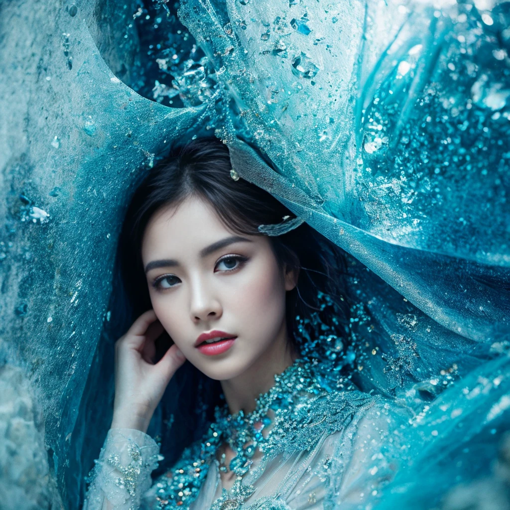 Employ a blend of realism and symbolism to evoke the emotional depth and themes of the lyrics. Use a cool color palette dominated by shades of blue, white, and gray to enhance the icy and desolate feel of the cave. Incorporate textures and lighting effects to create a sense of depth and atmosphere.
。 High resolution, masterpiece, Highest quality, Intricate details, Very detailed, Clear focus, Delicate skin, practical skin texture, texture, Delicate eyes, Professional, 4K, Shot with Canon, 85mm, Shallow and deep, Kodak Vision Color, Exactly, Very detailed, photograph_\(Extremist\), photographpractical, practical, Post-processing, Maximum details, Roughness, Real Life, Extremist practical, Photorealism, photographgraphy, 8K Ultra HD, photographgraphy