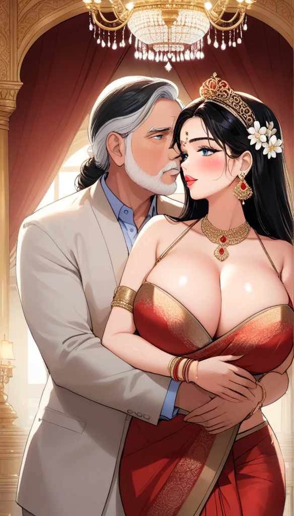 Hot sexy beautiful one indian princess kissing and sex  with ugly fat old man while hugging im carry position in bedroom,   long sparkling chandelier earrings,big breasts, ,black hair ,blush,blue eyes,red lipstick, chandelier jewelry,makeup, ornament, chandelier necklace,waist chain, rings,bangles,hair flower brochure,hair pins,hair chain, royal palaces and grand architecture, Traditional Indian sari, elegant draping style, intricate floral motifs, handwoven silk material, embellished with sequins and beads, sparkling gemstones and gold accents, artistic rendering of Indian culture, traditional jewelry and accessories, indian traditional wedding saree, crown 