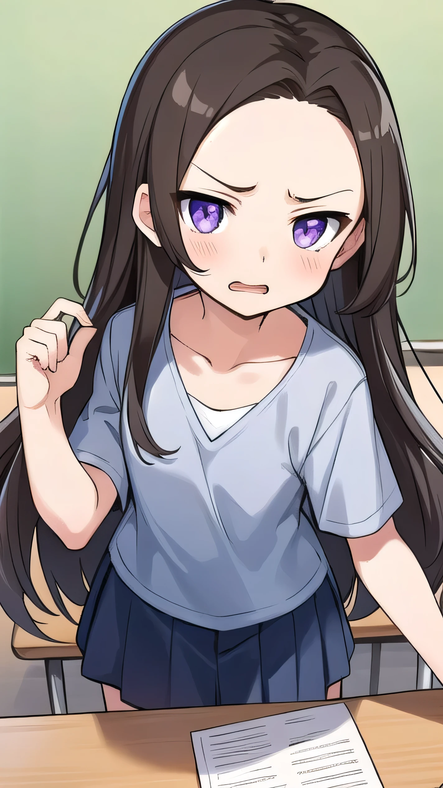 Brown hair, long hair, purple eyes, very short bangs, wide forehead, classroom, middle school student,  middle school student, flat chest , short, narrow eyes, hanging eyes, forehead, straight hair,  anger