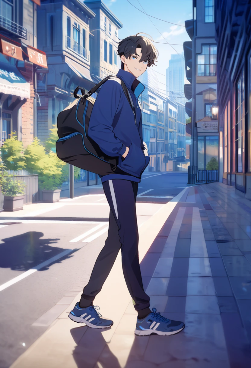masterpiece,best quality,depth of field,8K,looking at the viewer,running shoes,black hair,blue eyes,man,hands in pockets,smiling,alone,Handsome,(charismatic 눈 1:1),wseifuku,blue achive,wearing,city,man,With a sports bag slung over your shoulder,Gym suit,charismatic