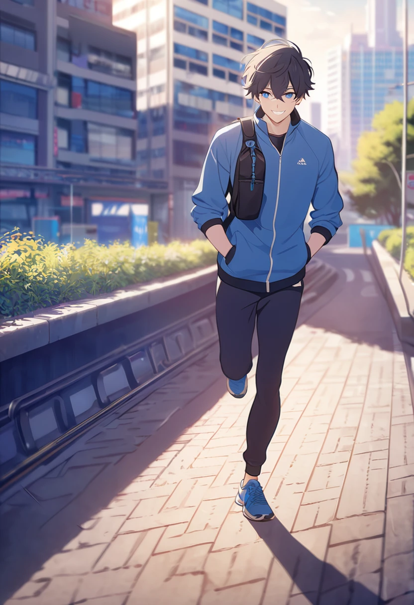 masterpiece,best quality,depth of field,8K,looking at the viewer,running shoes,black hair,blue eyes,man,hands in pockets,smiling,alone,Handsome,(charismatic 눈 1:1),wseifuku,blue achive,wearing,city,man,With a sports bag slung over your shoulder,Gym suit,charismatic