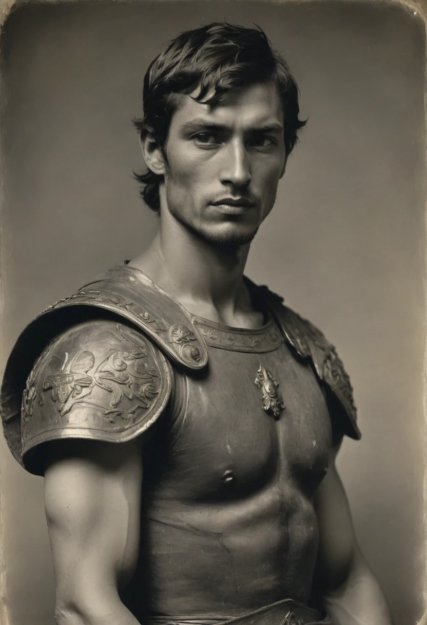 by Moebius, by Théodore Géricault, ((((Rough monochrome, daguerreotype on old paper)))), half body of a young male Roman soldier, muscular, confident, brunette, bronze skin, rascal, arrogant, (((tattoos on arms, neck))), wearing silken Roman uniform, armor lorica with samurai elements, diamond shape symbology, moth symbology. Jungle background.
