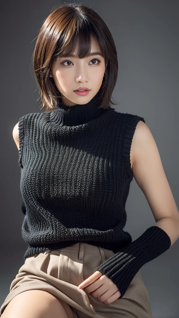 (detailed face),((crotch)),normal breasts,pretty,sleeveless and turtle neck black Knitted clothes,4k ,super high resolution ,(photo-realistic: 1.7),gray background,short hair,bangs,a rose,