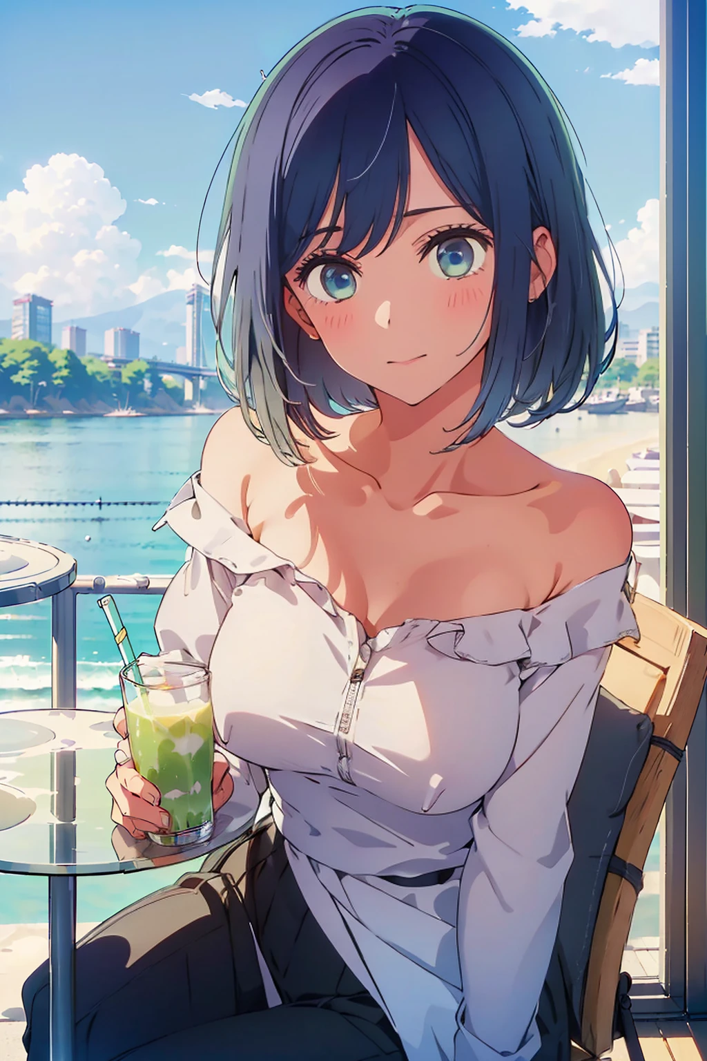 (Highest quality:1.4、8K:1.4、detailed)、F cup bust、Big Breasts、Slim body、Very white beautiful skin、((((1 person、Surprised expression、sit、Chair、In the background are the urban buildings of Tokyo、looking at the camera、Outdoor café terrace、Navy hair color、juice、table、Very cute face))))、((((nude、Areola))))、(Pose with hair tucked behind ear with one hand:1.4、Cheek resting on hand:1.4)、Nipples、(Off-the-shoulder black blouson with zipper)、Very blue sky、A completely cloudless sky