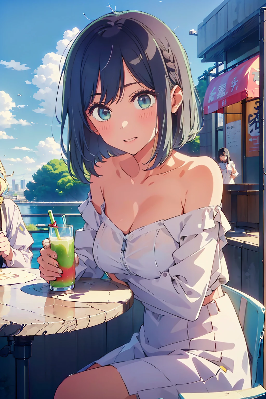 (Highest quality:1.4、8K:1.4、detailed)、F cup bust、Big Breasts、Slim body、Very white beautiful skin、((((1 person、Surprised expression、sit、Chair、In the background are the urban buildings of Tokyo、looking at the camera、Outdoor café terrace、Navy hair color、juice、table、Very cute face))))、((((nude、Areola))))、(Pose with hair tucked behind ear with one hand:1.4、Cheek resting on hand:1.4)、Nipples、(Off-the-shoulder black blouson with zipper)、Very blue sky、A completely cloudless sky