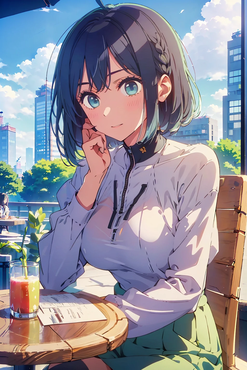 (Highest quality:1.4、8K:1.4、detailed)、F cup bust、Big Breasts、Slim body、Very white beautiful skin、((((1 person、Surprised expression、sit、Chair、In the background are the urban buildings of Tokyo、looking at the camera、Outdoor café terrace、Navy hair color、juice、table、Very cute face))))、((((nude、Areola))))、(Pose with hair tucked behind ear with one hand:1.4、Cheek resting on hand:1.4)、Nipples、(Off-the-shoulder black blouson with zipper)、Very blue sky、A completely cloudless sky