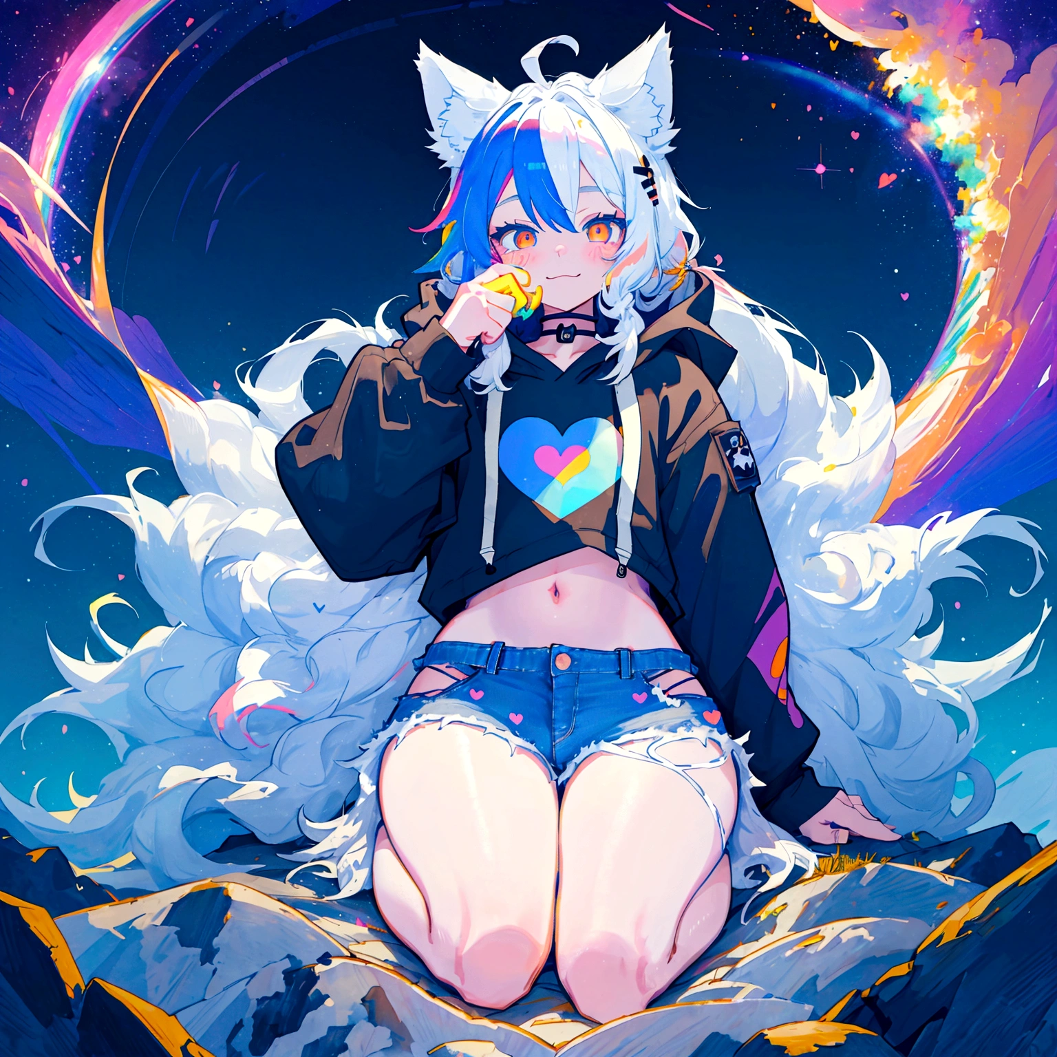 a cute adult male with wolf ears, long white hair, long locks, has a wolf tail, wearing a loose cropped black hoodie, wearing a pair of denim short shorts and fishnet stockings, thick thighs, wide hips, relaxing on mountain of fluffy multi colored kawaii plushies, short, very slim, showing slender tummy, heart on hoodie, squishy thighs, has glowing blue eyes. alone, solo (ALONE)(SOLO), surrounded by rainbows, colorful galaxy backround, smiling, ontop of a pile of fluffy plushes, plushies everywhere, kawaii plushies