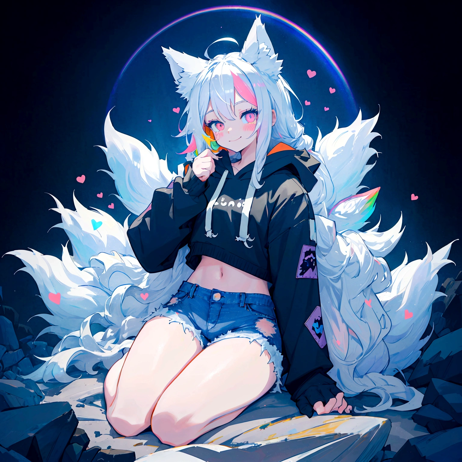 a cute adult male with wolf ears, long white hair, long locks, has a wolf tail, wearing a loose cropped black hoodie, wearing a pair of denim short shorts and fishnet stockings, thick thighs, wide hips, relaxing on mountain of fluffy multi colored kawaii plushies, short, very slim, showing slender tummy, heart on hoodie, squishy thighs, has glowing blue eyes. alone, solo (ALONE)(SOLO), surrounded by rainbows, colorful galaxy backround, smiling, ontop of a pile of fluffy plushes, plushies everywhere, kawaii plushies