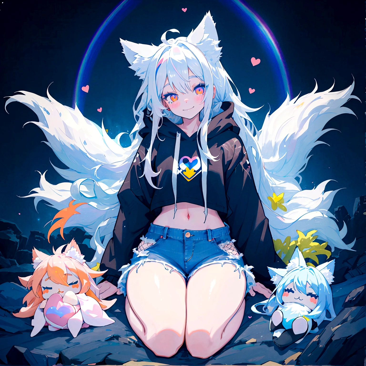 a cute adult male with wolf ears, long white hair, long locks, has a wolf tail, wearing a loose cropped black hoodie, wearing a pair of denim short shorts and fishnet stockings, thick thighs, wide hips, relaxing on mountain of fluffy multi colored kawaii plushies, short, very slim, showing slender tummy, heart on hoodie, squishy thighs, has glowing blue eyes. alone, solo (ALONE)(SOLO), surrounded by rainbows, colorful galaxy backround, smiling, ontop of a pile of fluffy plushes, plushies everywhere, kawaii plushies