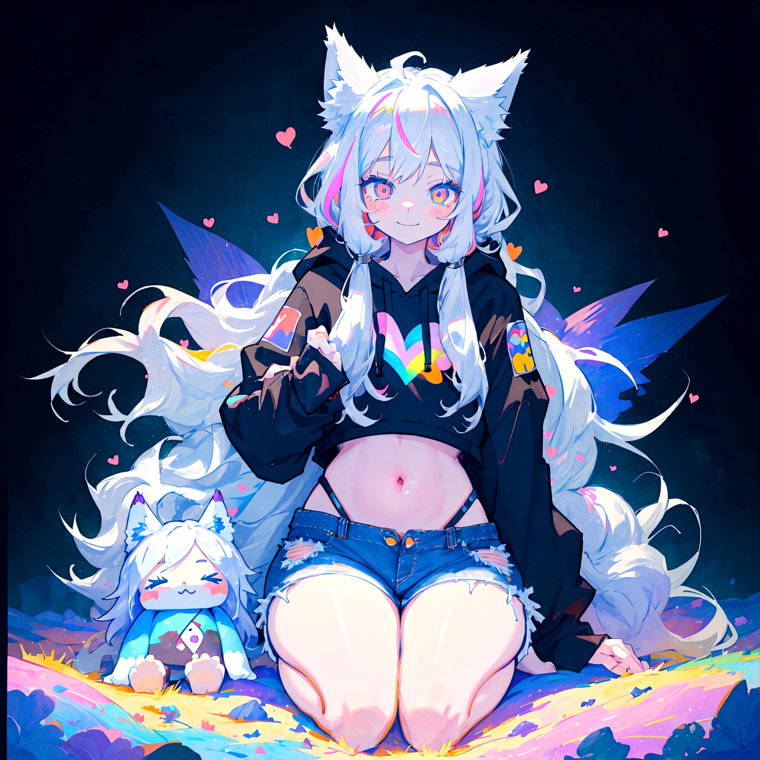 a cute adult male with wolf ears, long white hair, long locks, has a wolf tail, wearing a loose cropped black hoodie, wearing a pair of denim short shorts and fishnet stockings, thick thighs, wide hips, relaxing on mountain of fluffy multi colored kawaii plushies, short, very slim, showing slender tummy, heart on hoodie, squishy thighs, has glowing blue eyes. alone, solo (ALONE)(SOLO), surrounded by rainbows, colorful galaxy backround, smiling, ontop of a pile of fluffy plushes, plushies everywhere, kawaii plushies