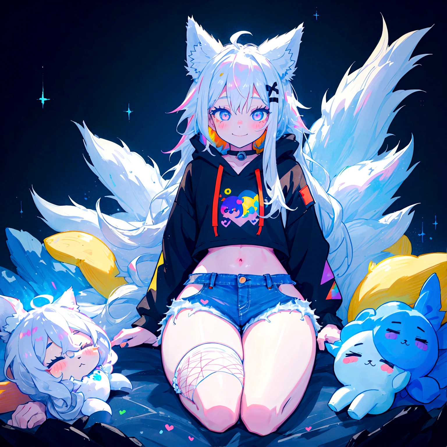 a cute adult male with wolf ears, long white hair, long locks, has a wolf tail, wearing a loose cropped black hoodie, wearing a pair of denim short shorts and fishnet stockings, thick thighs, wide hips, relaxing on mountain of fluffy multi colored kawaii plushies, short, very slim, showing slender tummy, heart on hoodie, squishy thighs, has glowing blue eyes. alone, solo (ALONE)(SOLO), surrounded by rainbows, colorful galaxy backround, smiling, ontop of a pile of fluffy plushes, plushies everywhere, kawaii plushies