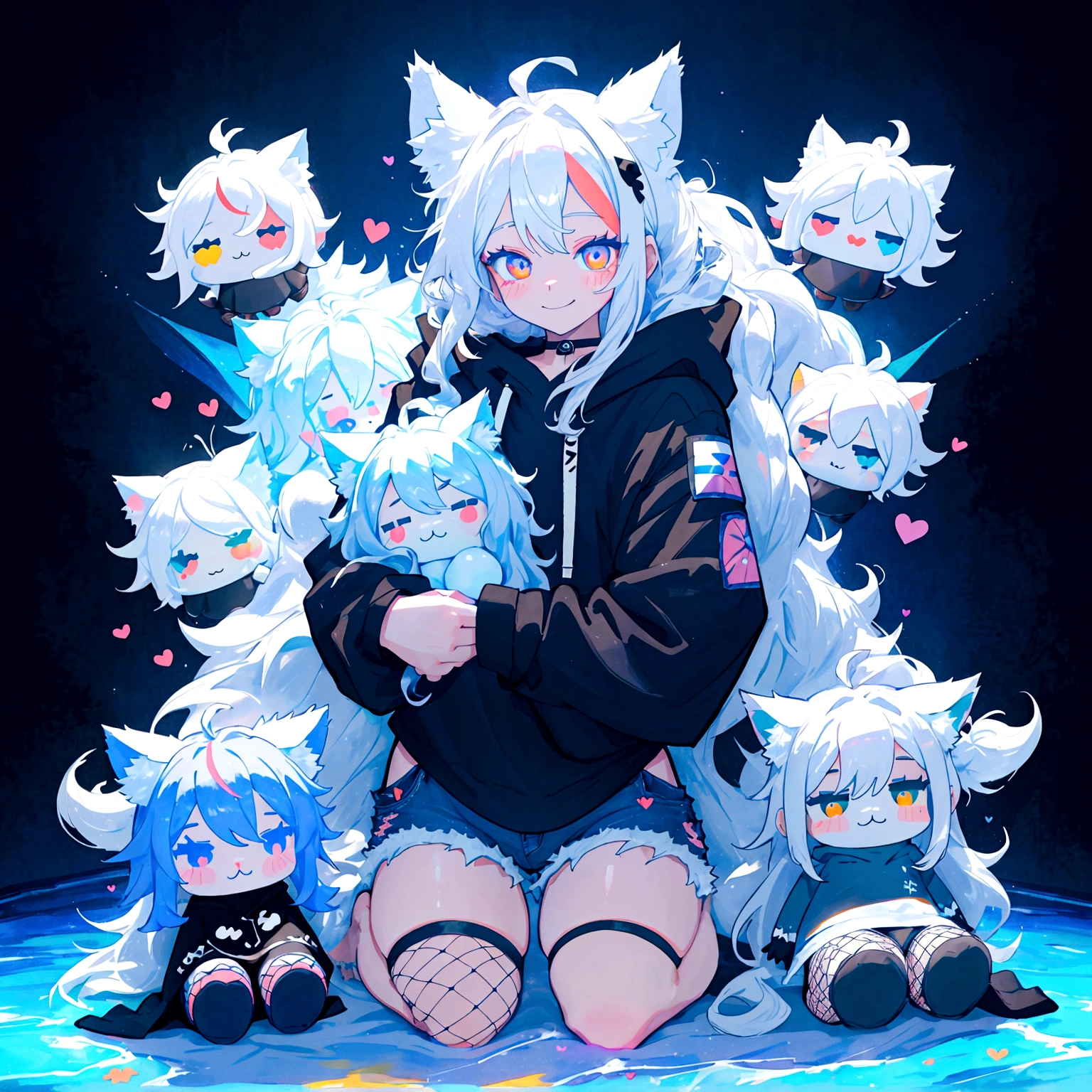 a cute adult male with wolf ears, long white hair, long locks, has a wolf tail, wearing a loose cropped black hoodie, wearing a pair of denim short shorts and fishnet stockings, thick thighs, wide hips, relaxing on mountain of fluffy multi colored kawaii plushies, short, very slim, showing slender tummy, heart on hoodie, squishy thighs, has glowing blue eyes. alone, solo (ALONE)(SOLO), surrounded by rainbows, colorful galaxy backround, smiling, ontop of a pile of fluffy plushes, plushies everywhere, kawaii plushies