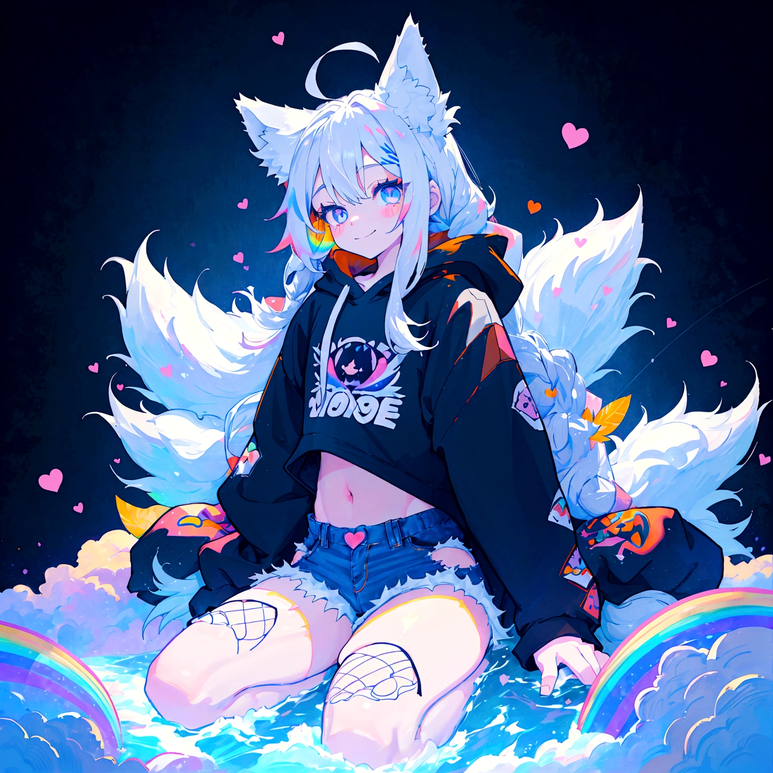 a cute adult male with wolf ears, long white hair, long locks, has a wolf tail, wearing a loose cropped black hoodie, wearing a pair of denim short shorts and fishnet stockings, thick thighs, wide hips, relaxing on mountain of fluffy multi colored kawaii plushies, short, very slim, showing slender tummy, heart on hoodie, squishy thighs, has glowing blue eyes. alone, solo (ALONE)(SOLO), surrounded by rainbows, colorful galaxy backround, smiling, ontop of a pile of fluffy plushes, plushies everywhere, kawaii plushies