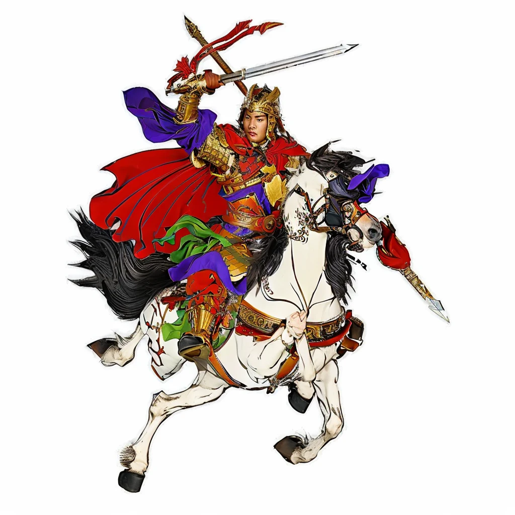 an ancient chinese young warrior, wearing gold color armour, riding a white horse, holding a word and a spear, red cape,