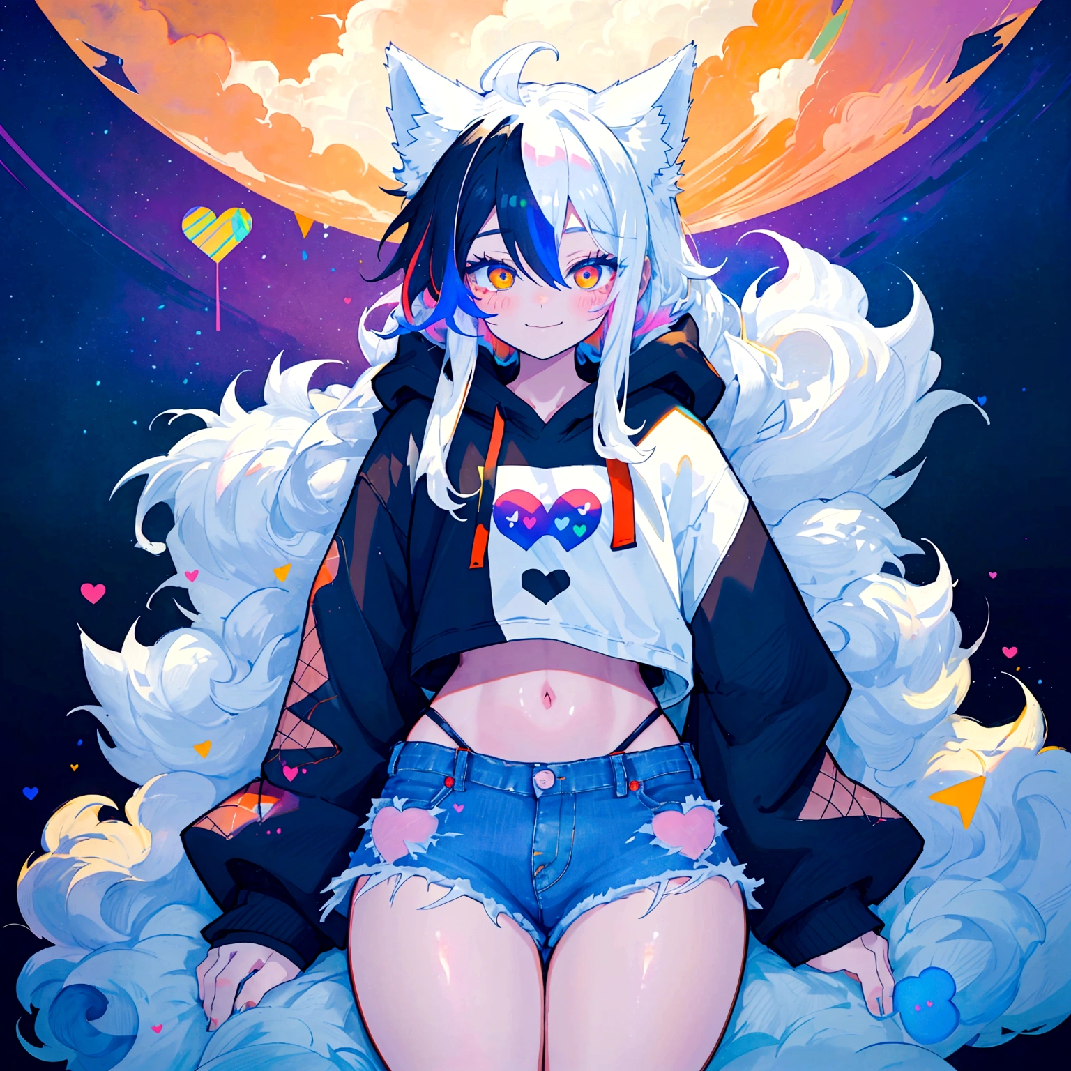 a cute adult male with wolf ears, long white hair, long locks, has a wolf tail, wearing a loose cropped black hoodie, wearing a pair of denim short shorts and fishnet stockings, thick thighs, wide hips, relaxing on mountain of fluffy multi colored kawaii plushies, short, very slim, showing slender tummy, heart on hoodie, squishy thighs, has glowing blue eyes. alone, solo (ALONE)(SOLO), surrounded by rainbows, colorful galaxy backround, smiling, ontop of a pile of fluffy plushes, plushies everywhere, kawaii plushies