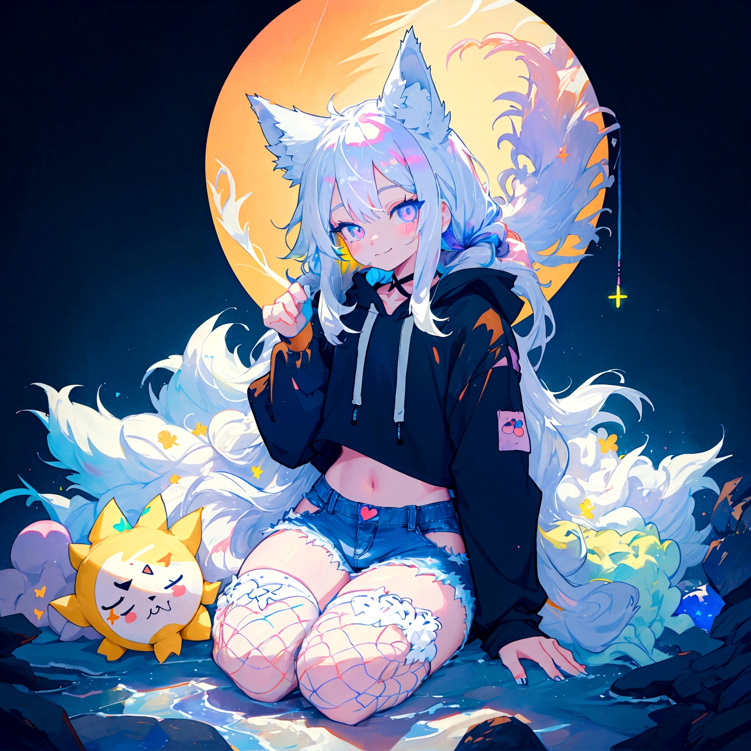 a cute adult male with wolf ears, long white hair, long locks, has a wolf tail, wearing a loose cropped black hoodie, wearing a pair of denim short shorts and fishnet stockings, thick thighs, wide hips, relaxing on mountain of fluffy multi colored kawaii plushies, short, very slim, showing slender tummy, heart on hoodie, squishy thighs, has glowing blue eyes. alone, solo (ALONE)(SOLO), surrounded by rainbows, colorful galaxy backround, smiling, ontop of a pile of fluffy plushes, plushies everywhere, kawaii plushies