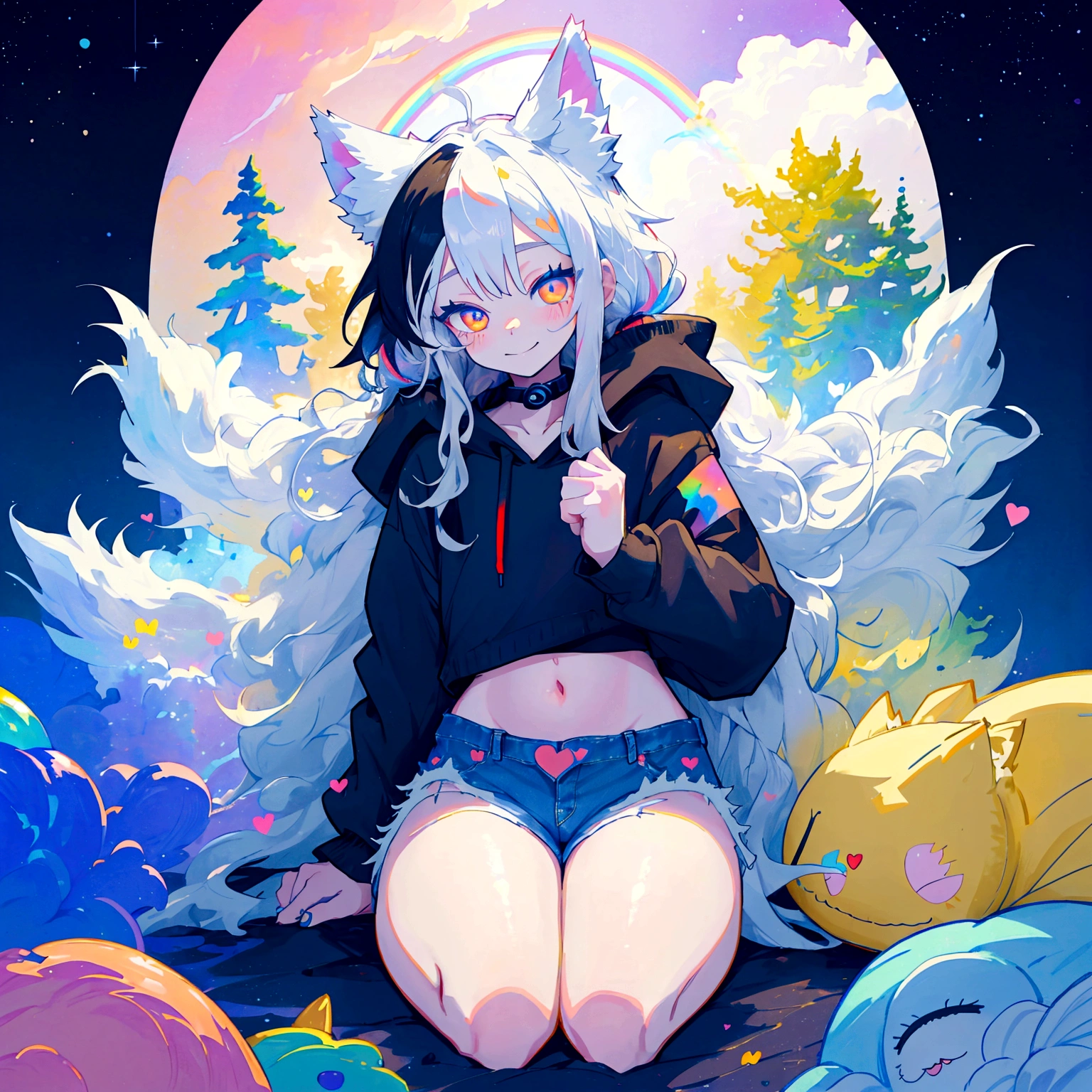 a cute adult male with wolf ears, long white hair, long locks, has a wolf tail, wearing a loose cropped black hoodie, wearing a pair of denim short shorts and fishnet stockings, thick thighs, wide hips, relaxing on mountain of fluffy multi colored kawaii plushies, short, very slim, showing slender tummy, heart on hoodie, squishy thighs, has glowing blue eyes. alone, solo (ALONE)(SOLO), surrounded by rainbows, colorful galaxy backround, smiling, ontop of a pile of fluffy plushes, plushies everywhere, kawaii plushies