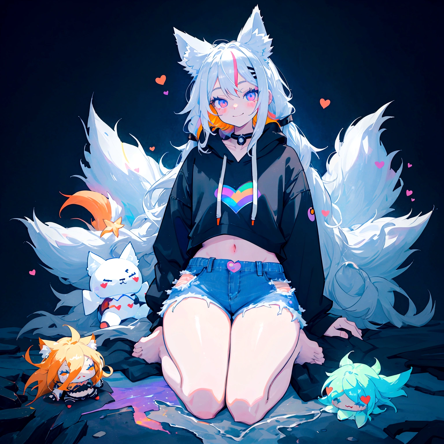 a cute adult male with wolf ears, long white hair, long locks, has a wolf tail, wearing a loose cropped black hoodie, wearing a pair of denim short shorts and fishnet stockings, thick thighs, wide hips, relaxing on mountain of fluffy multi colored kawaii plushies, short, very slim, showing slender tummy, heart on hoodie, squishy thighs, has glowing blue eyes. alone, solo (ALONE)(SOLO), surrounded by rainbows, colorful galaxy backround, smiling, ontop of a pile of fluffy plushes, plushies everywhere, kawaii plushies