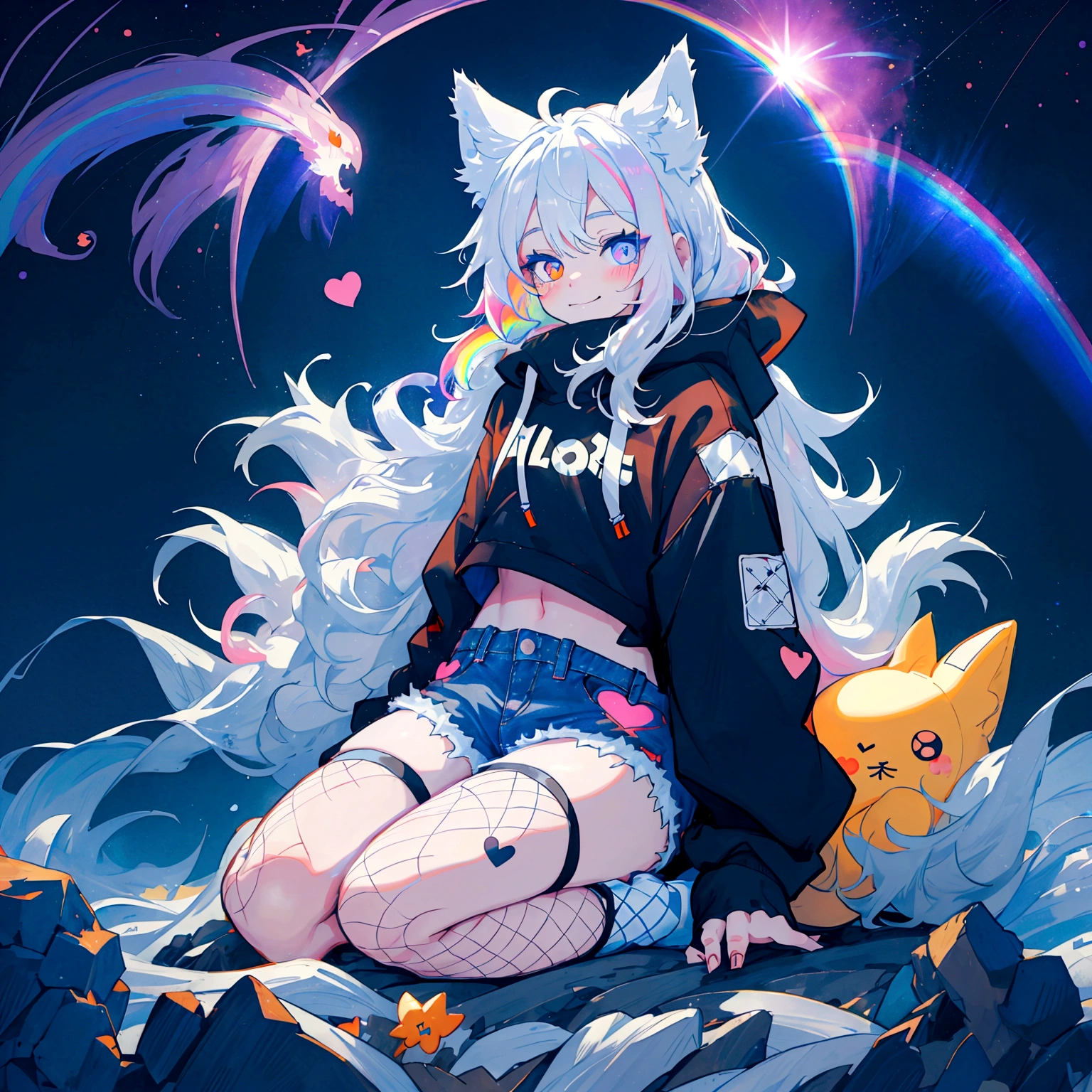 a cute adult male with wolf ears, long white hair, long locks, has a wolf tail, wearing a loose cropped black hoodie, wearing a pair of denim short shorts and fishnet stockings, thick thighs, wide ????, relaxing on mountain of fluffy multi colored kawaii plushies, short, very slim, showing slender tummy, heart on hoodie, squishy thighs, has glowing blue eyes. alone, solo (ALONE)(SOLO), surrounded by rainbows, colorful galaxy backround, smiling, ontop of a pile of fluffy plushes, plushies everywhere, kawaii plushies