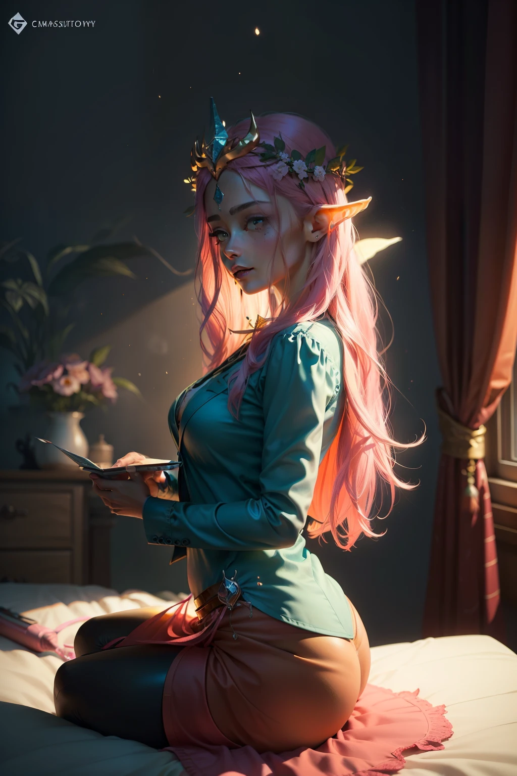 A young woman like a fairy with pink hair, sitting on the bed wearing a sexy black blazer, looking like a teacher, Fantasy Theme, em uma flowersta mágica, flowers (((master part))), (((best qualityer))), ((ultra detali)),(highly detailed CG illustration), ((an extremely delicate and beautiful)),cinematic light, Create stunning fantasy art. fairy tale fantasy with colorful details. ((Use various shades of pastel pink and watercolor as the main color scheme.)) Incorporate unique lighting effects, Exploring dynamic and attractive composition techniques, and experimenting with unique color palettes. Camera: Choose an angle that highlights the beauty of the character.. The ilumination: Use atmospheric lighting techniques to create depth and mood. resolution: Aim for a high-resolution artwork to showcase intricate details and clarity.