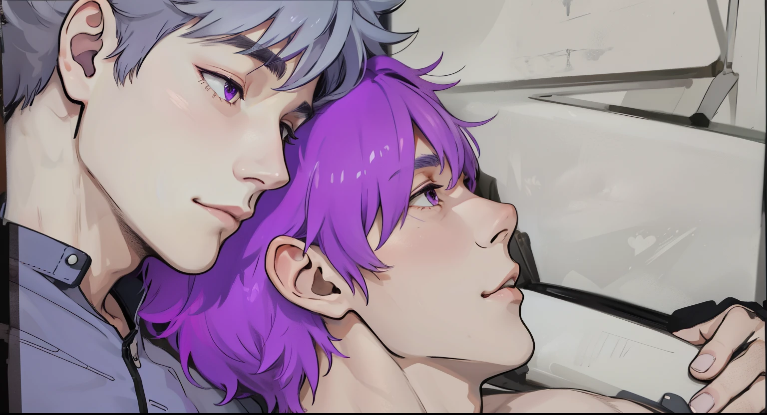 two 15 year old boys gray hair and purple hair are cute