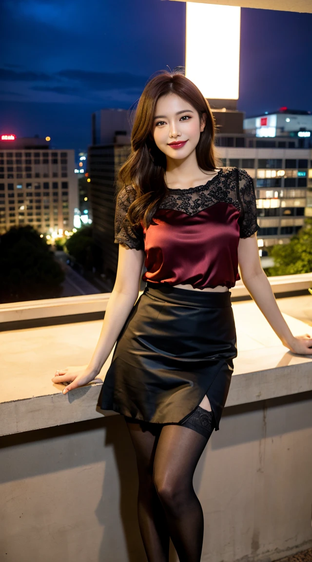 highest quality, masterpiece, 8K, ultra high resolution, (realistic: 1.4), 1 girl, beautiful face, symmetrical eyes, Japanese, smile, brown hair, perfect body proportions, full body, smile , large breasts, high heels, wearing makeup , pantyhose, (tight laced fabric blouse), ((red lace fabric blouse)), ((silk black color skirt)), ((tight fitting skirt )), (laced short sleeve) , rooftop, model pose, (legs shown: 1.4)