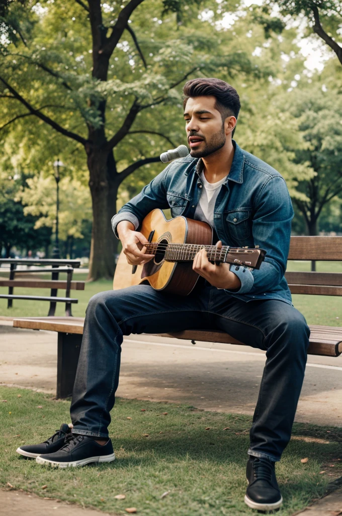 A man sitting on a park and singing a song