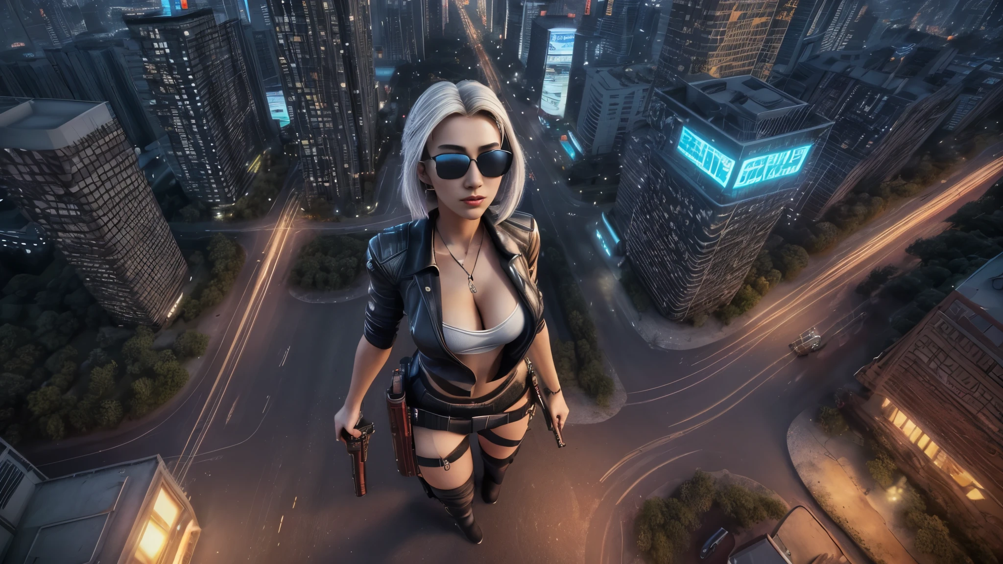 (((at night))), FPS gaming screen view, rooftop, (((high angle view))) of cyberpunk city, neon light hologram buildings, unreal engine 5 rendering, (((1Girl, solo))), large breasts, Chest exposed, breast cleavage, wide open ass, slim waist, dynamic seductive pose, ((masterpiece:1.2)), top-quality, official art, detailed CG Unity 8K Wallpapers, artbook, Expressive Hues, Vibrant Palette, B deficiency and white clothes, (((matrix style black micro sunglasses))), (((((aiming with a short gun))))), (((looking at camera))), (((very low view))), (((((thigh level medium:1.1 shot))))).