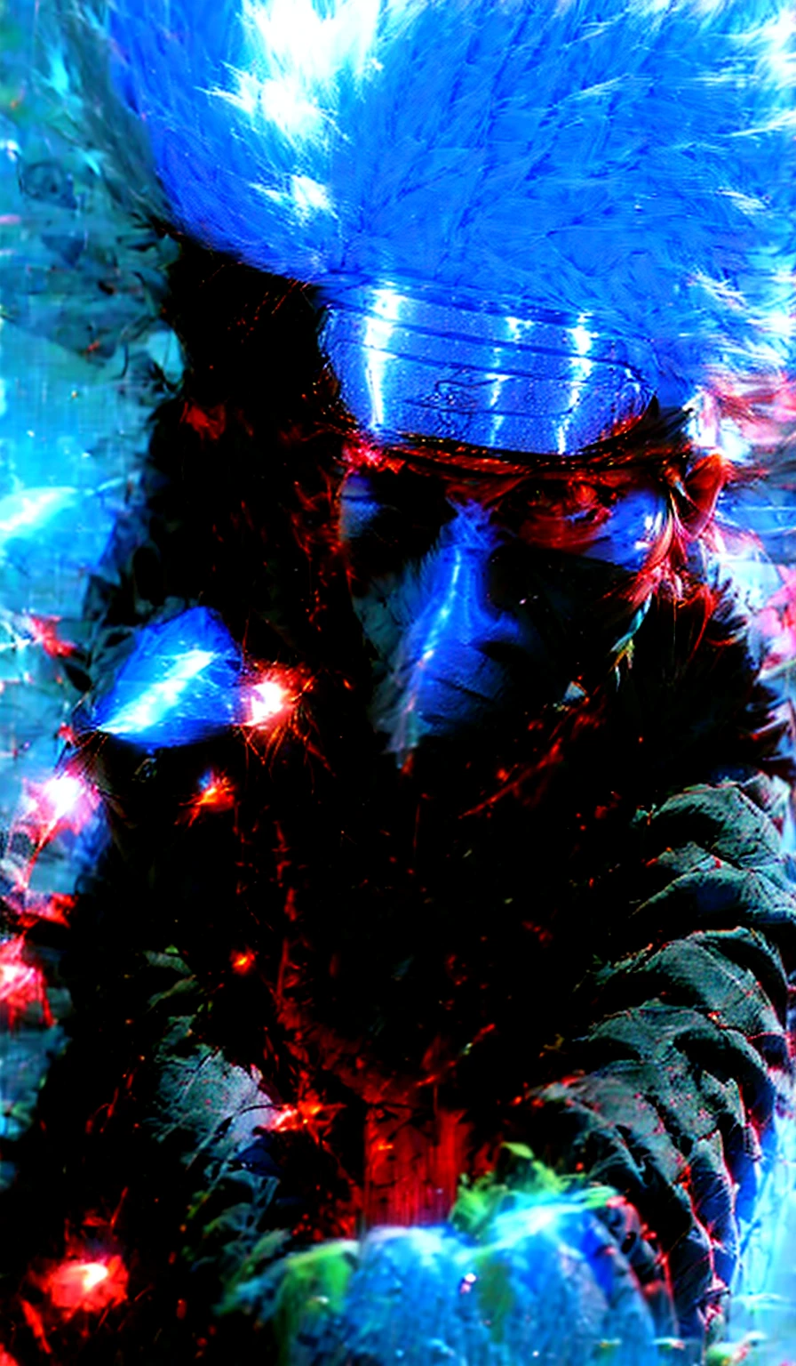 Kakashi Hatake in Naruto shippuden, score_9, score_8_up,source_anime, 1boy, grey hair, covered mouth, mouth mask, red eye, scar across eye, forehead protector, gloves, 1 konoha leaf symbol head band, mature, green vest, pants,solo, looking at viewer, angry, standing, anime screencap, anime coloring, (dramatic, gritty, intense:1.4),masterpiece, best quality, 8k, insane details, intricate details, hyperdetailed, hyper quality, high detail, ultra detailed, Masterpiece,(white hair:1.2), right eye is closed by mask, holographic reality, motion blur, game light effect, full length shot, 3D artist, detailed, futuristic, lightning