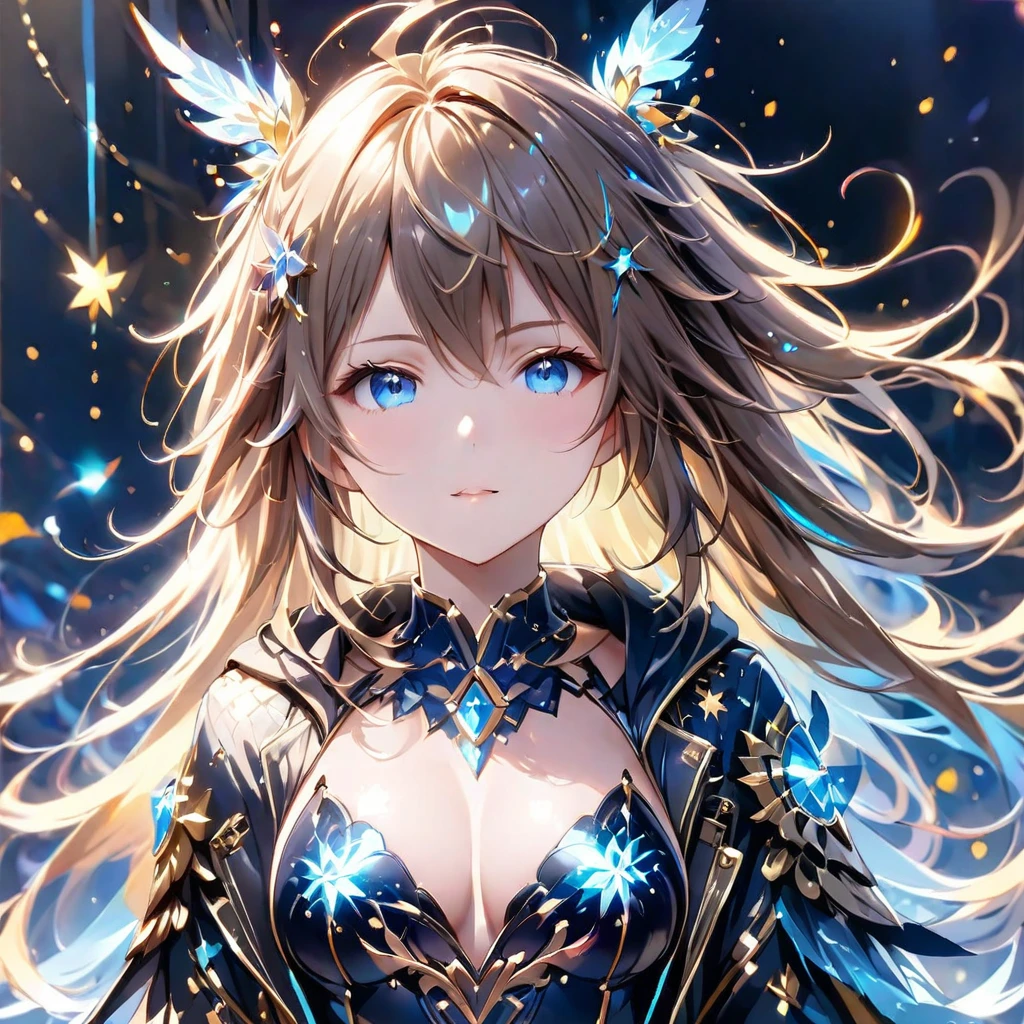 (8K, Highest quality, masterpiece:1.2),(Highest quality:1.0), (Ultra-high resolution:1.0), watercolor, Beautiful woman, shoulder, Costumes adorned with light refraction、Twinkling of the stars、Diamond Sparkle、Hair Ribbon, Agnes Cecil, Half Body Portrait, Super bright design, pastel colour, (ink:1.3), Autumn Light,