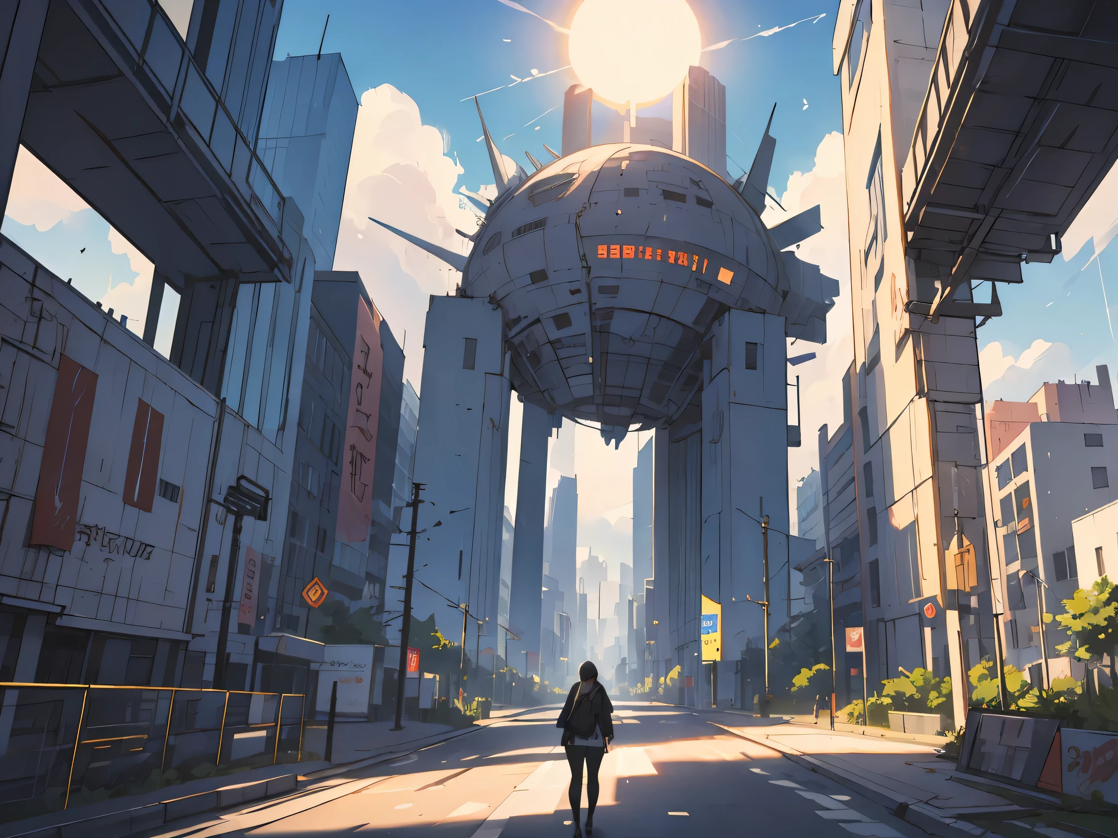 environment design, a Futuristic great modern city, nice weather, sun shining with pretty clouds, 3 point perspective,