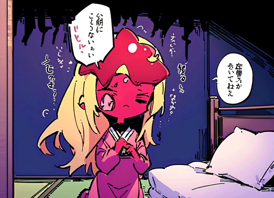Book monster「Pillow return」Please draw a scene of someone flipping over someone's pillow in the middle of the night.。Pillow returnは、With a small red body、It has long yellow hair。He sneaks into the human's bedroom、Lifting the pillow of a sleeping person。The sleeping person has a surprised expression。The background is dark、A futon is laid out on the tatami in a Japanese-style bedroom。Create an overall scary atmosphere。