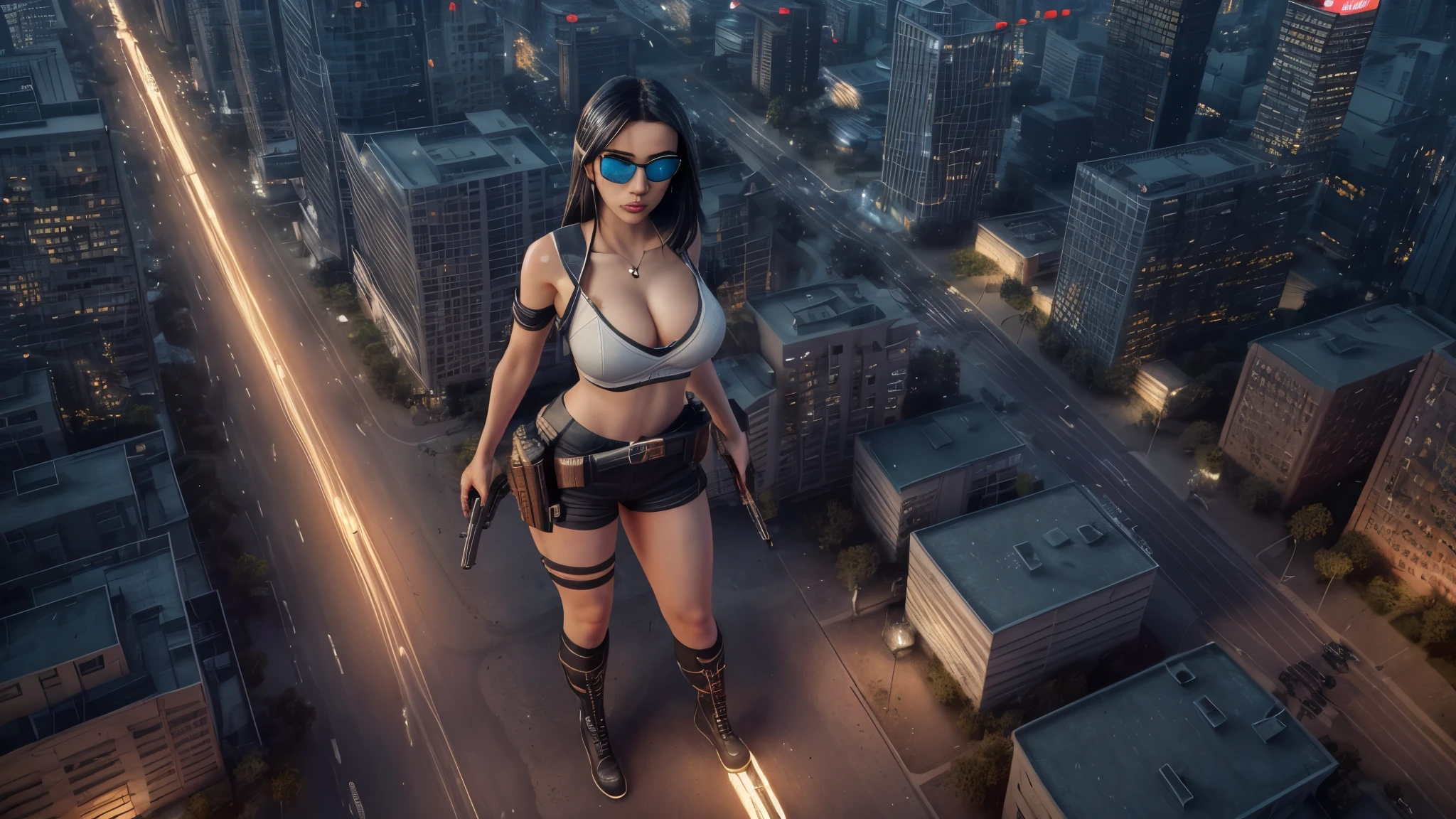 (((at night))), FPS gaming screen view, rooftop, (((high angle view))) of cyberpunk city, neon light hologram buildings, unreal engine 5 rendering, (((1Girl, solo))), large breasts, Chest exposed, breast cleavage, wide open ass, slim waist, dynamic seductive pose, ((​masterpiece:1.2)), top-quality, official art, detailed CG Unity 8K Wallpapers, artbook, Expressive Hues, Vibrant Palette, B deficiency and white clothes, (((matrix style black micro sunglasses))), (((((aiming with a short gun))))), (((looking at camera))), (((very low view))), (((((thigh level medium:1.1 shot))))).